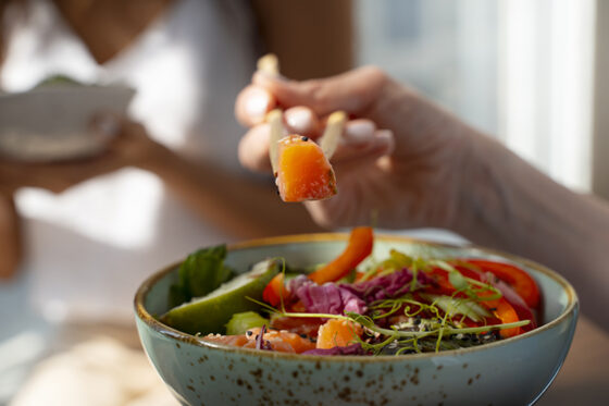 high angle delicious salmon bowl indoors 560x373jpg